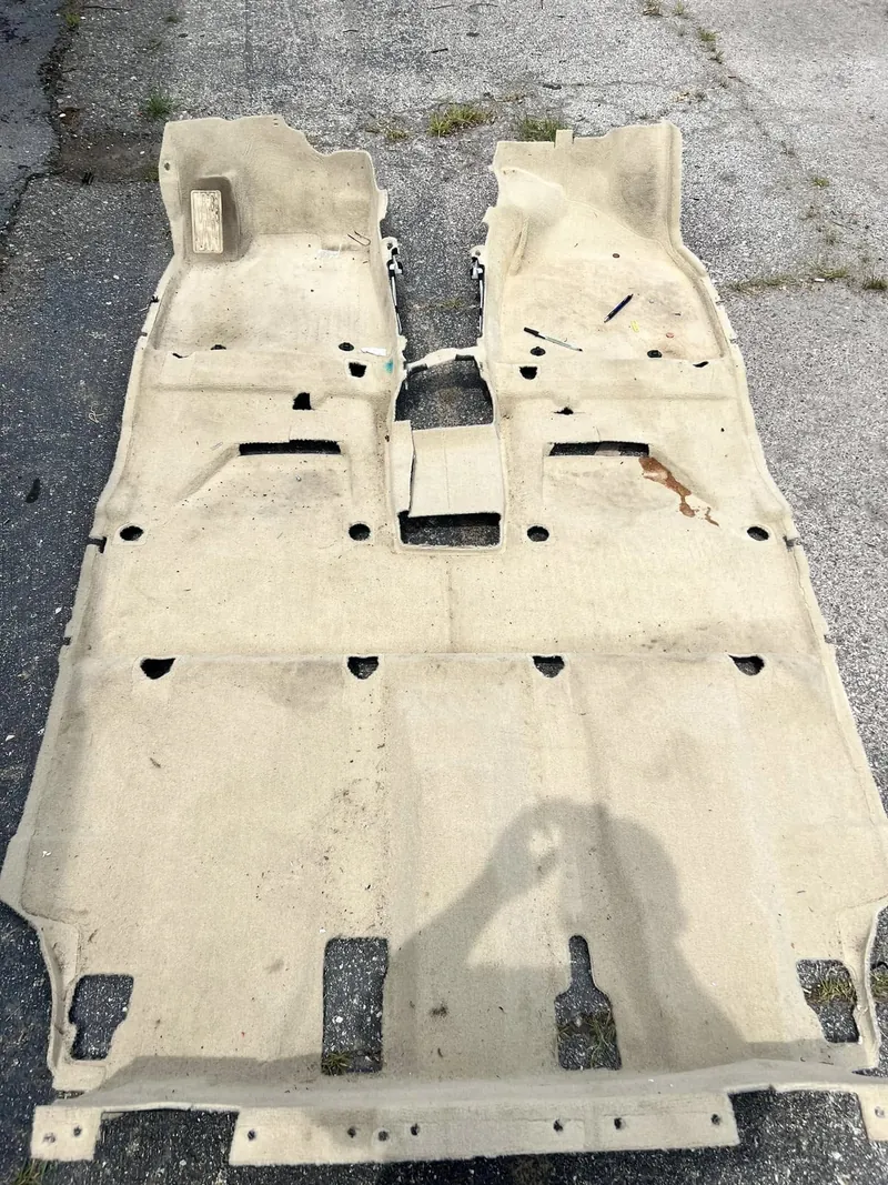 Tan SUV carpet — removed and soiled before deep-clean shampoo